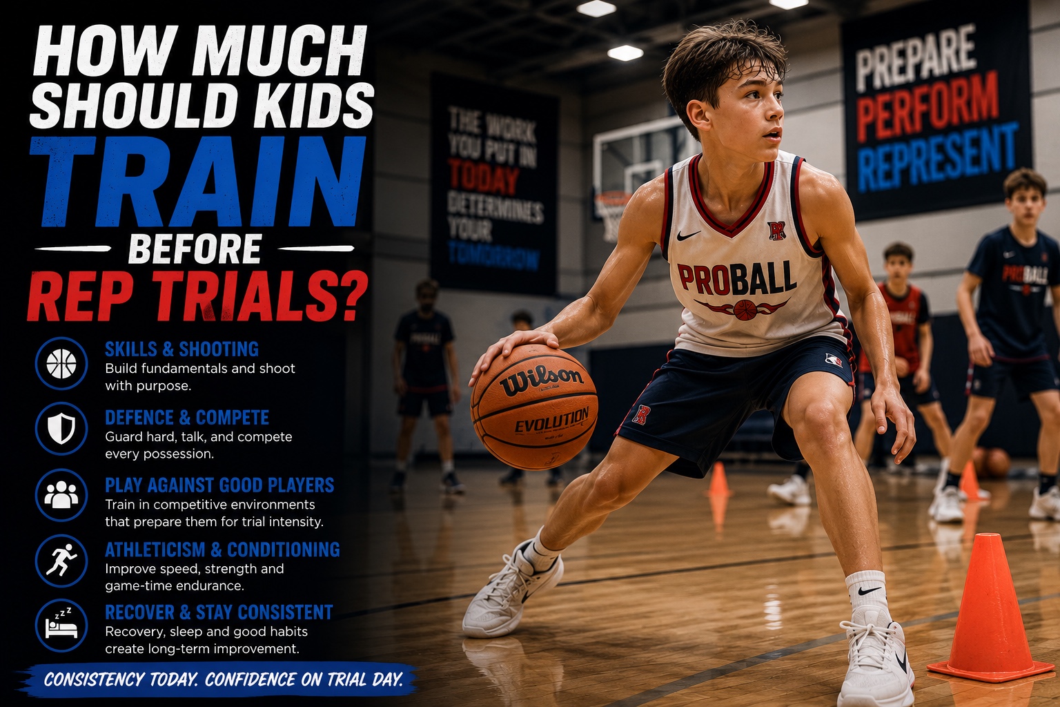 Young ProBall basketball player training at game intensity before rep trials, highlighting skills, shooting, defence, athleticism, competitive play and recovery.